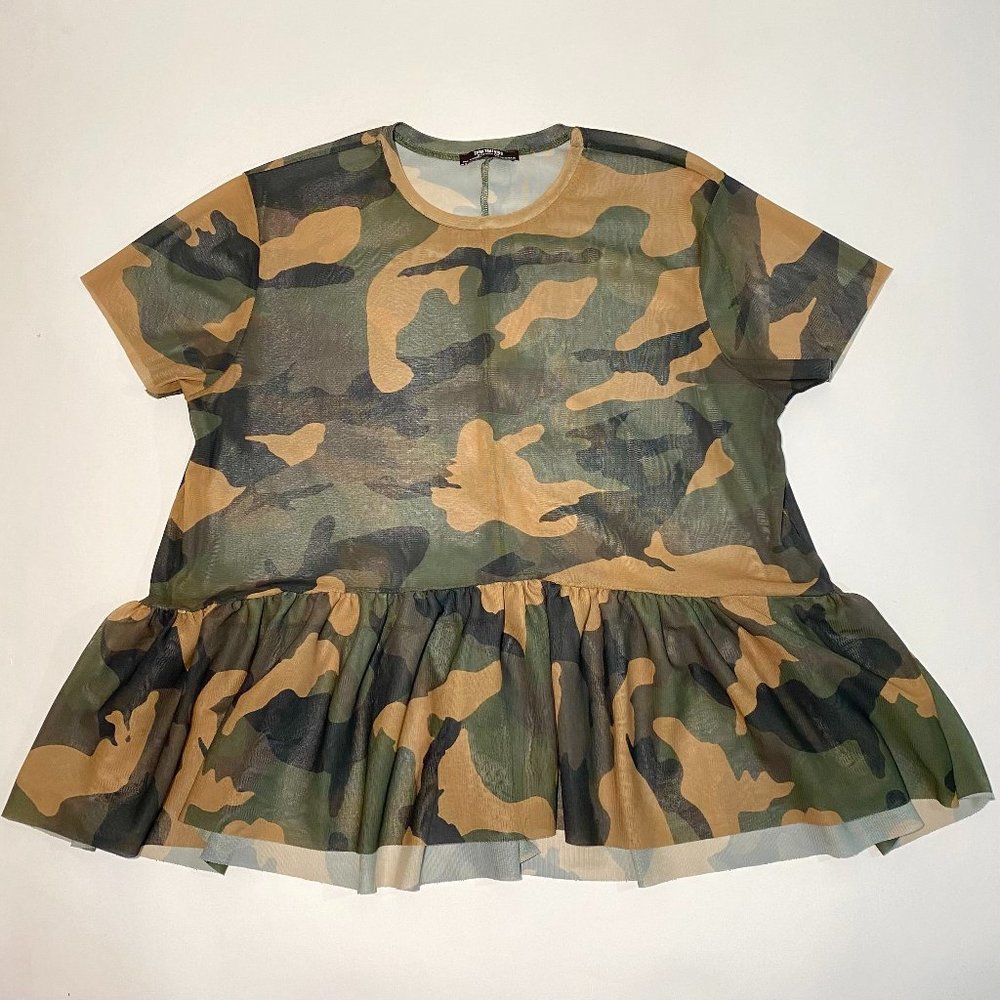 Zara Trafaluc Camo Sheer Peplum Oversize Blouse Short Sleeve Top Women's Size S